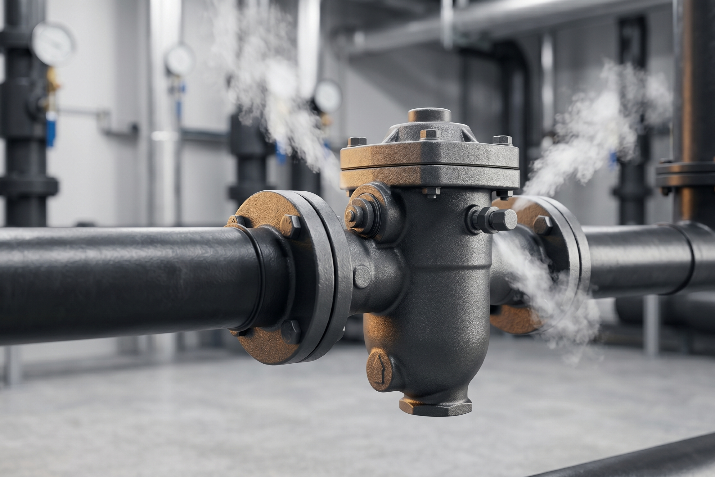 Industrial mechanical steam trap discharging condensate in a high-pressure steam line