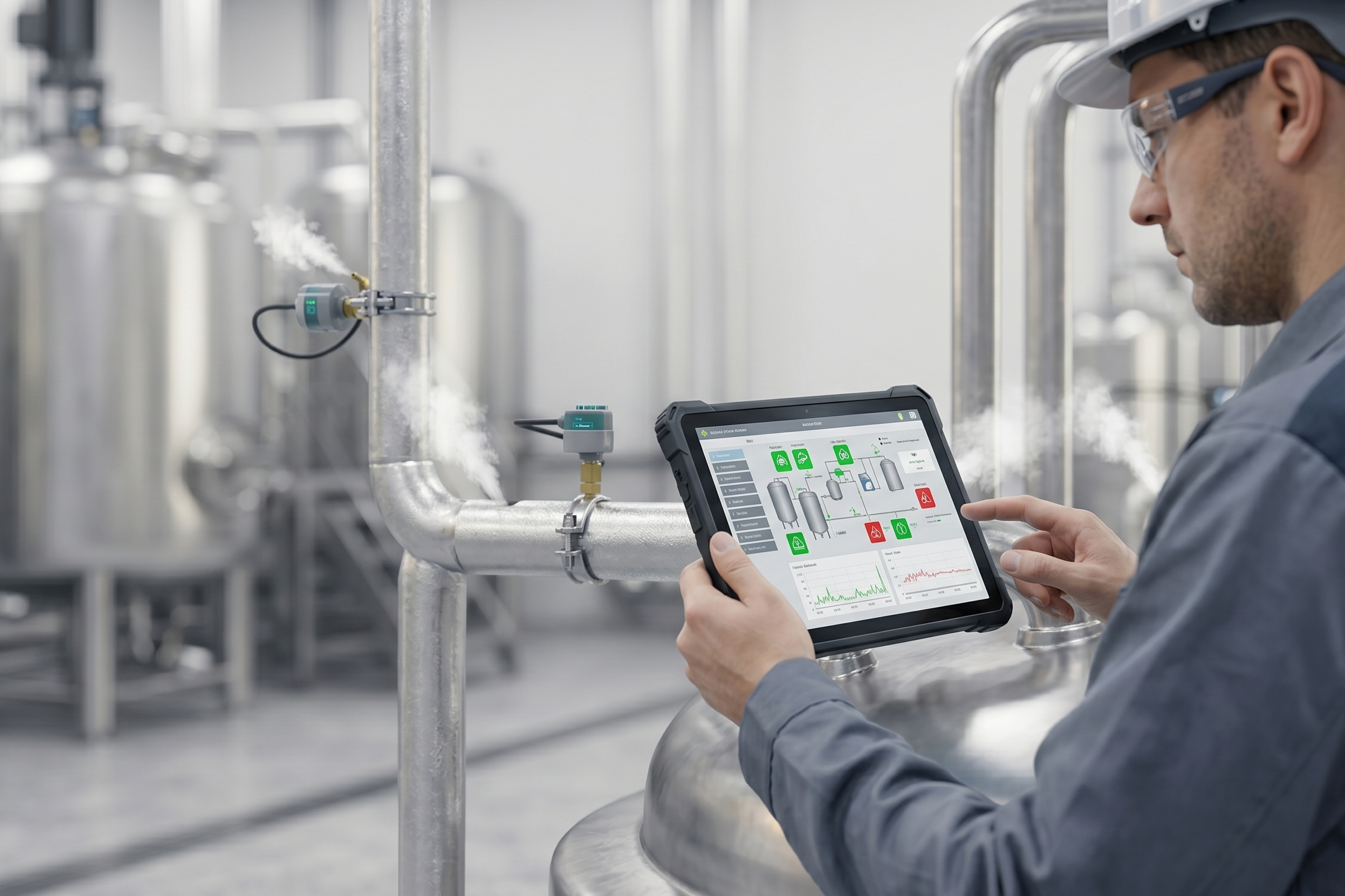 Plant engineer using a digital tablet for wireless steam trap monitoring and predictive maintenance