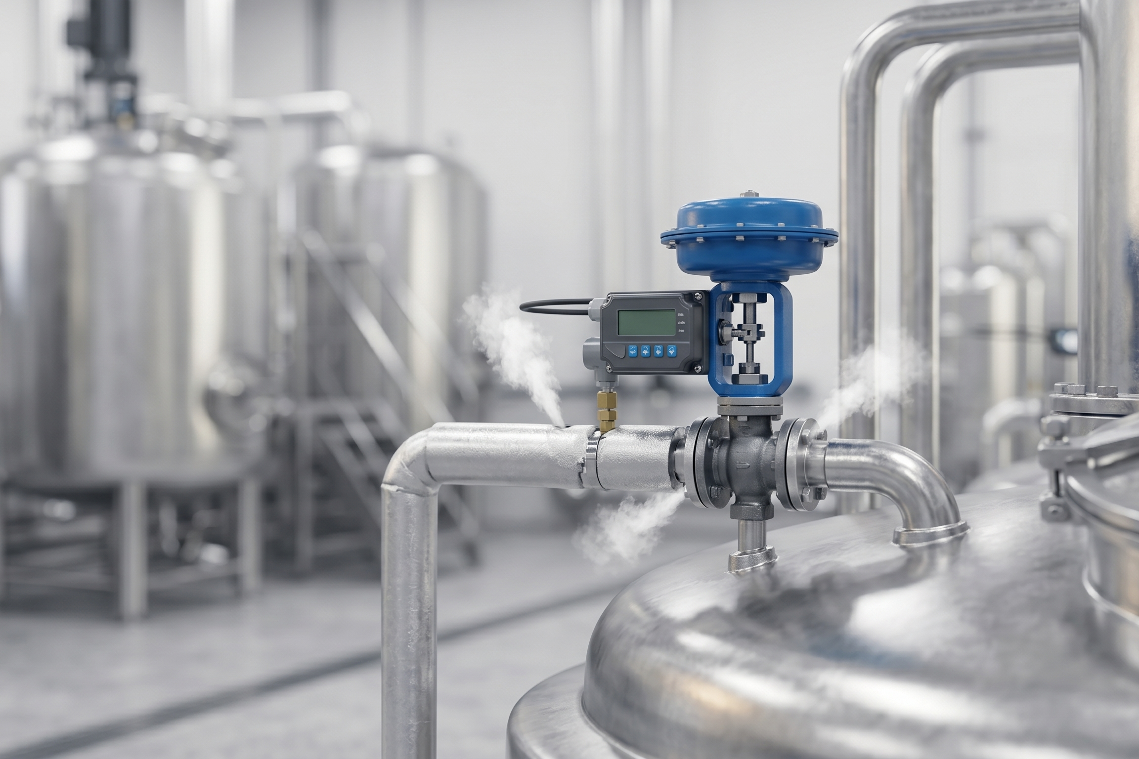 Precision steam control valve with a smart positioner installed on a stainless steel industrial reactor