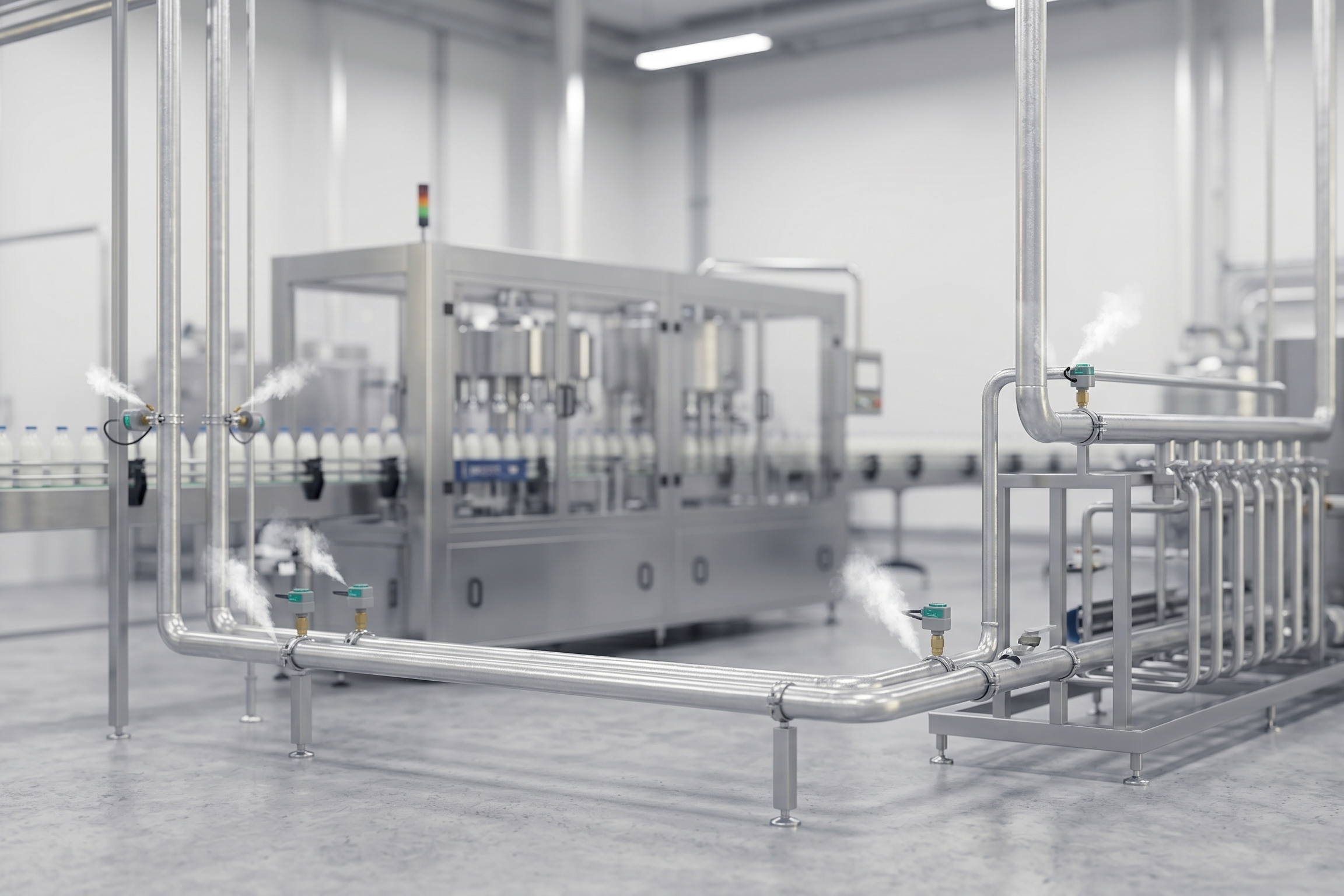 Sanitary pure steam piping and sterilization system on a food and beverage dairy production line
